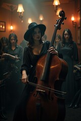 Fototapeta premium A noir-inspired jazz club scene where a cellist in 1920s attire hides her melancholy under a hat, her music echoing through smoke-filled air as shadowy figures admire her mystique.