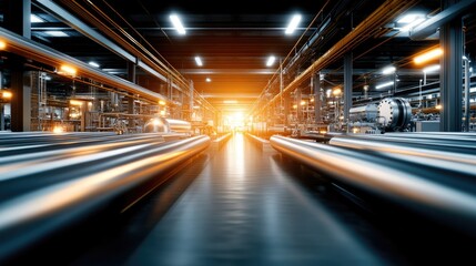 Fototapeta premium Complex steel piping and lines guide flow paths in an industrial plant, with a focus on metallic structures in deep blue tones