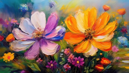 Vibrant Oil Painting A Garden Symphony Colorful Flowers in Harmonious Arrangement, Brimming with Rich Colors and Textures, Creating a Mesmerizing Artistic Masterpiece.