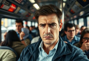 Obraz premium Frustrated male passenger on a crowded bus