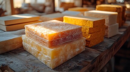 A Creative Workspace Showcasing Scattered Insulation Blocks on a Table with Warm Light