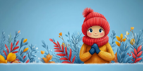 Naklejka premium Adorable Child in Red Hat and Yellow Sweater Amidst Winter Flora