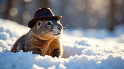 funny groundhog in a bowler, snow, sunny atmospheric day, groundhog day, copy space, Groundhog Day greeting, February 2