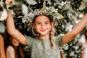 Joyful caucasian female child in green dress and floral crown celebrating outdoors