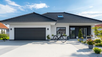 Stunning modern home features white walls, black window frames, and elegant landscaping as dusk...