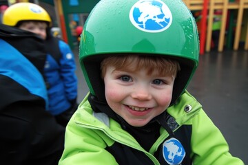 Smiling caucasian child with green helmet at adventure playground
