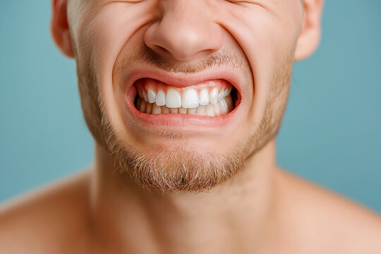 Close-up of young man clenching teeth with facial hair against blue background