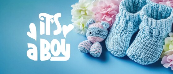 Adorable Baby Boy Announcement: Knit Booties, Toy, and Flowers