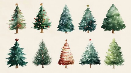 Twelve watercolor Christmas trees, varying in style and color, perfect for holiday designs.