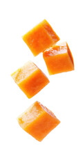 Papaya cubes isolated.
Tropical sweetness, juicy texture, vibrant color, healthy snack, exotic fruit, papaya-based dish, fresh garnish, nutritious ingredient.
