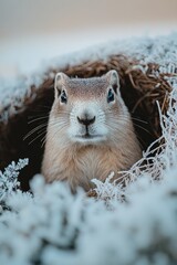 Obraz premium A groundhog peeking out from its burrow surrounded by frost-covered grass