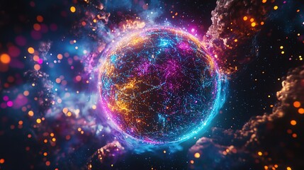 Obraz premium Brightly Colored Technology Visualization of Data on Planet Scale