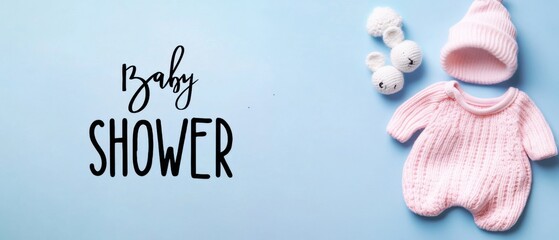 Adorable Baby Shower Outfit: Pink Knit Romper, Hat, and Bunny Toys on Blue Background