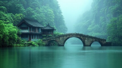 Fototapeta premium Misty mountain lake with ancient bridge and house.