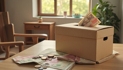 Charity donation box filled with coins and bills in soft light, Ramadan spirit