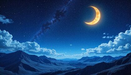 Glowing crescent moon in starry night sky over mountains, Ramadan theme