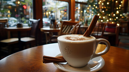 Fototapeta premium Cinnamon stick chai latte in a cozy and relaxing caf?(C) environment