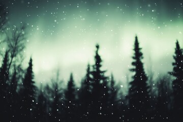 Naklejka premium A dreamy ethereal image of a snow-covered forest in the soft light of the northern lights with sparkling snowflakes falling.