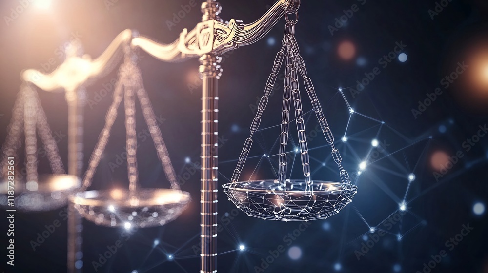 Poster highresolution depiction of legal system highlighting interlocking scale flowing geometric symbol