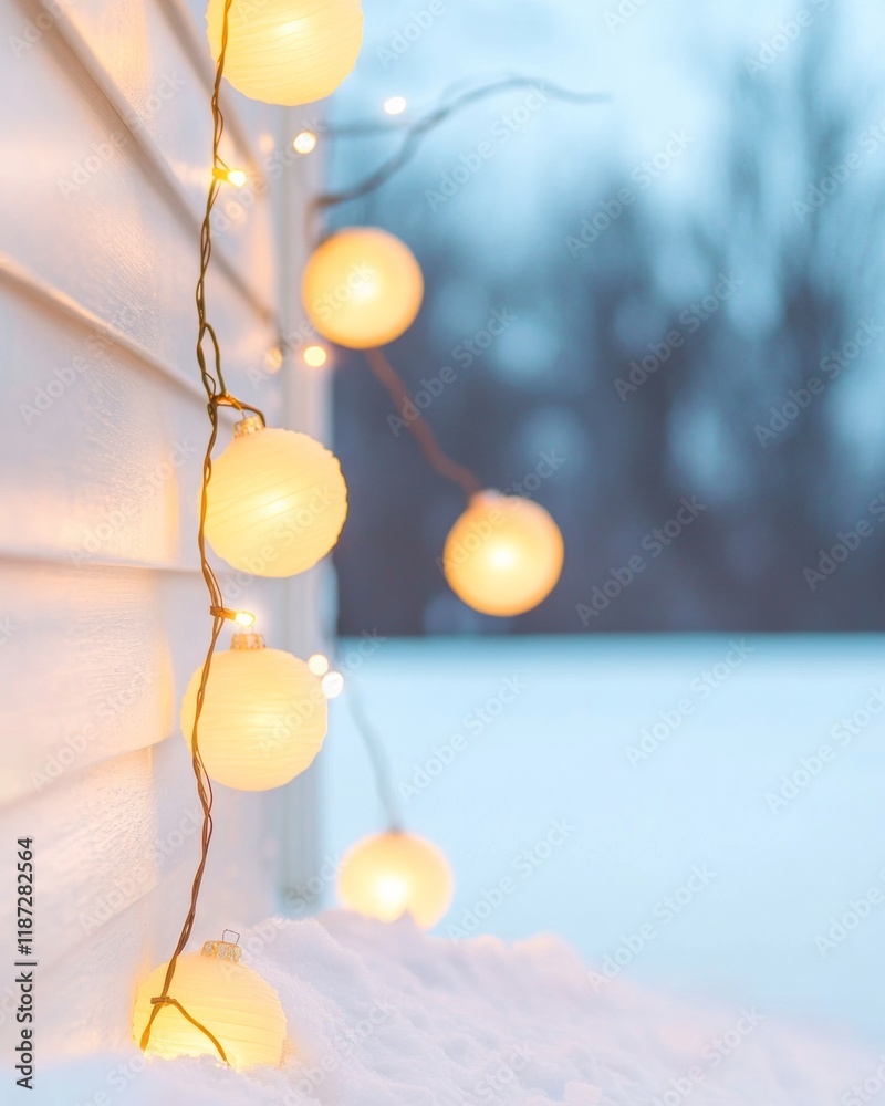 Poster cozy winter evening with glowing string lights and snowy charm