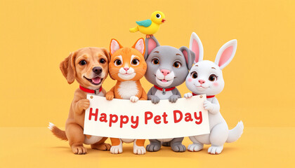 Obraz premium Cartoon animals celebrating Happy Pet Day with festive banner, joyfulness