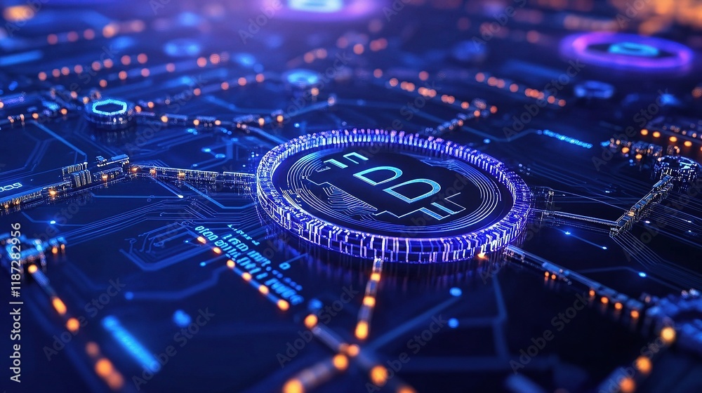 Poster futuristic circuit board with blockchain network and digital lines