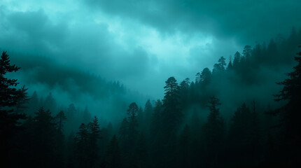 Obraz premium Fog rolling through mysterious dark pine forest at night