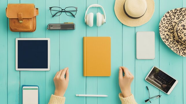 Business travel essentials flatlay creative workspace lifestyle modern overhead productivity tips