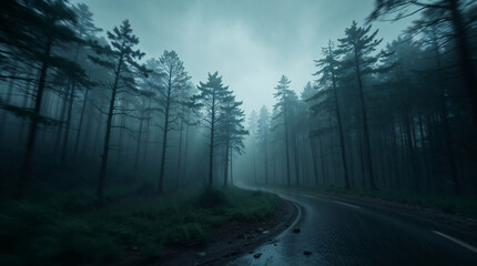Fototapeta premium Winding road disappearing into a foggy forest at dusk