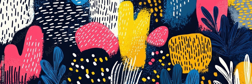 Poster An artistic composition featuring bold, colorful shapes and patterns created with various textures on a rich dark background captures the essence of creativity