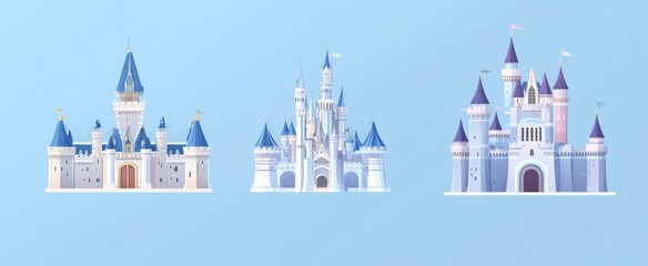 Naklejka premium Four different castle designs, flat graphic style, light blue background. Concept of fantasy architecture. Vector illustration