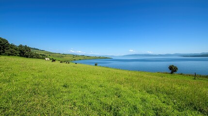 Obraz premium Lush green grass stretches along the tranquil lake, where a few cows graze peacefully. The clear blue sky enhances the calm atmosphere of this rural setting