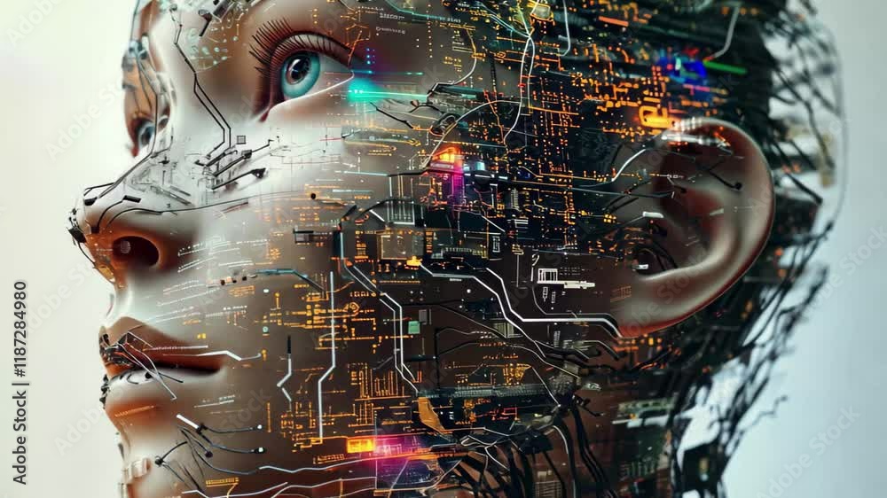 Aufkleber Exploring the intersection of technology and humanity through a futuristic robotic face with intricate details and illuminating circuitry
