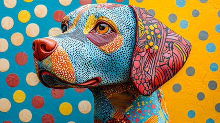 A striking abstract sculpture of a dog, featuring bold colors and patterns, is displayed in a lively art environment