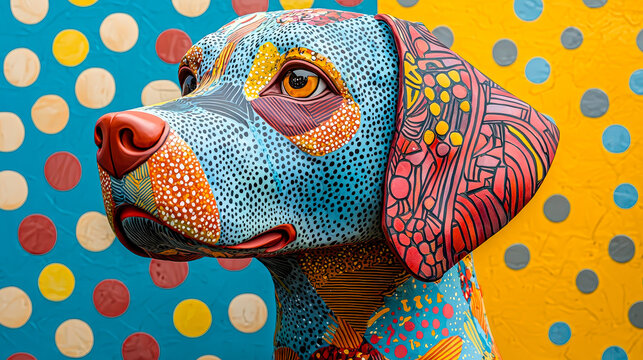 A striking abstract sculpture of a dog, featuring bold colors and patterns, is displayed in a lively art environment