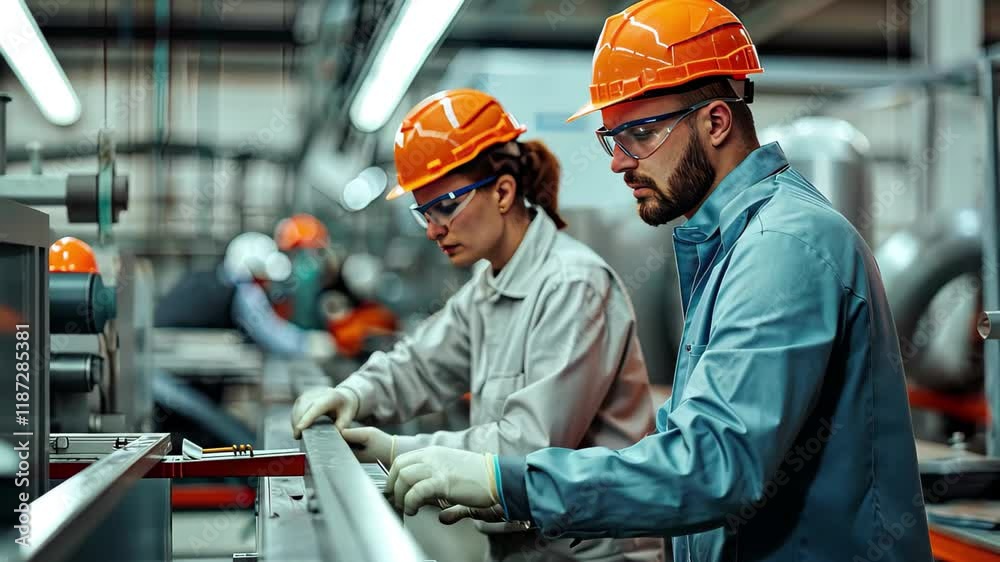 Aufkleber workers engaged in assembly tasks in a modern manufacturing facility with high-tech equipment during