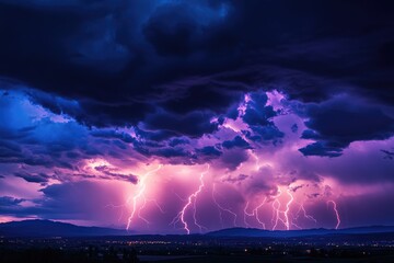 Dramatic lightning storm illuminating vibrant purple clouds above a mountain range, showcasing nature's raw power and energy in an intense, awe-inspiring scene of atmospheric fury