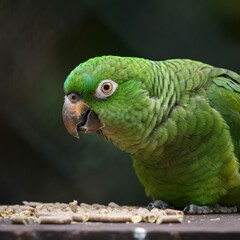 Obraz premium Vibrant green parrot, yellow head feathers, orange eyes, curved beak, perched on branch, colorful plumage, Amazon parrot species, tropical bird, close-up portrait, blurred background, wildlife photogr