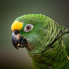 Fototapeta premium Vibrant green parrot, yellow head feathers, orange eyes, curved beak, perched on branch, colorful plumage, Amazon parrot species, tropical bird, close-up portrait, blurred background, wildlife photogr
