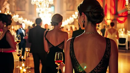 Elegant evening gala with guests in formal attire enjoying a luxurious atmosphere in a beautifully decorated venue