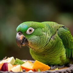 Fototapeta premium Vibrant green parrot, yellow head feathers, orange eyes, curved beak, perched on branch, colorful plumage, Amazon parrot species, tropical bird, close-up portrait, blurred background, wildlife photogr