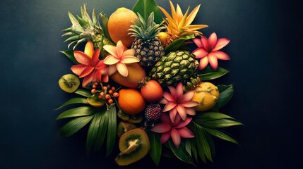 Fototapeta premium Tropical fruits and flowers arranged artistically on dark background.