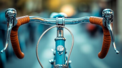 Close-up of a bicycle handlebar with chrome levers and brown leather grips, set against a blurred urban background