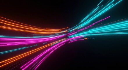 Neon Light Trails: Abstract streaks of vibrant neon light in orange, teal, and pink create a dynamic, swirling pattern against a dark background, evoking a sense of speed, energy.