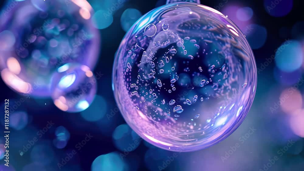 Fototapete Bubbles floating gracefully in a colorful liquid background with sparkling light reflections and intricate details