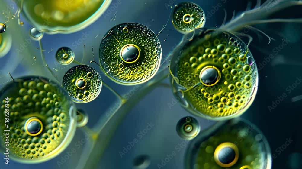 Poster exploring vibrant microscopic details of bubbles and microalgae in stunning high-definition clarity 