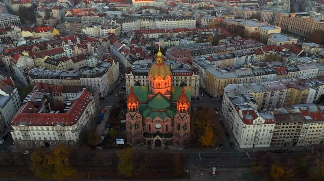 Church of St. Lukas, St. Lukes on banks of river Isar, called Lukaskirche for short, is one of Munichs most impressive church buildings Bavaria, Germany aerial view in fall. Lukaskirche Luftaufnahme. 