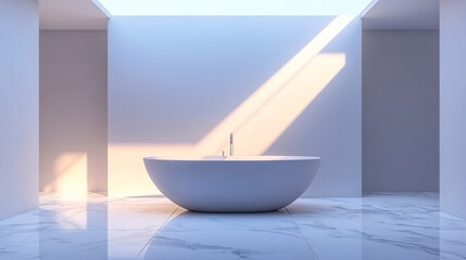 Luxurious bathroom with a freestanding bathtub, marble floors, and soft lighting, copy space