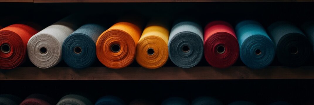 Multiple rolls of colorful fabric neatly arranged on shelves in a textile shop or designer's studio. Showcasing a variety of textures and colors ready for creating garments or other textile projects