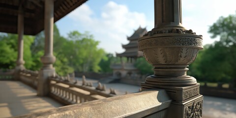 Fototapeta premium A close-up view of intricate architectural details on a column, set against a serene garden background, showcasing the beauty of craftsmanship and artistry in a tranquil environment.